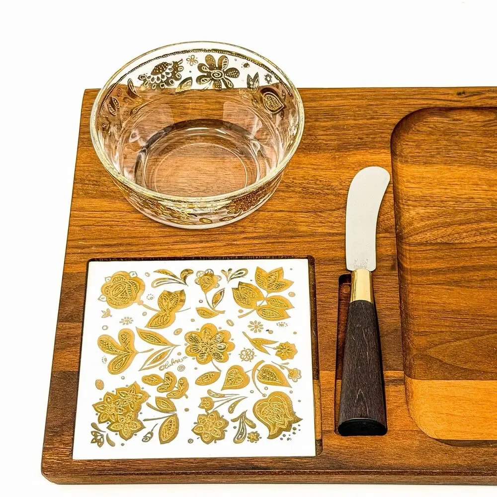 Vintage Culver MCM Gold Floral Cheese Board Glass Bowl Spreader Serving Set